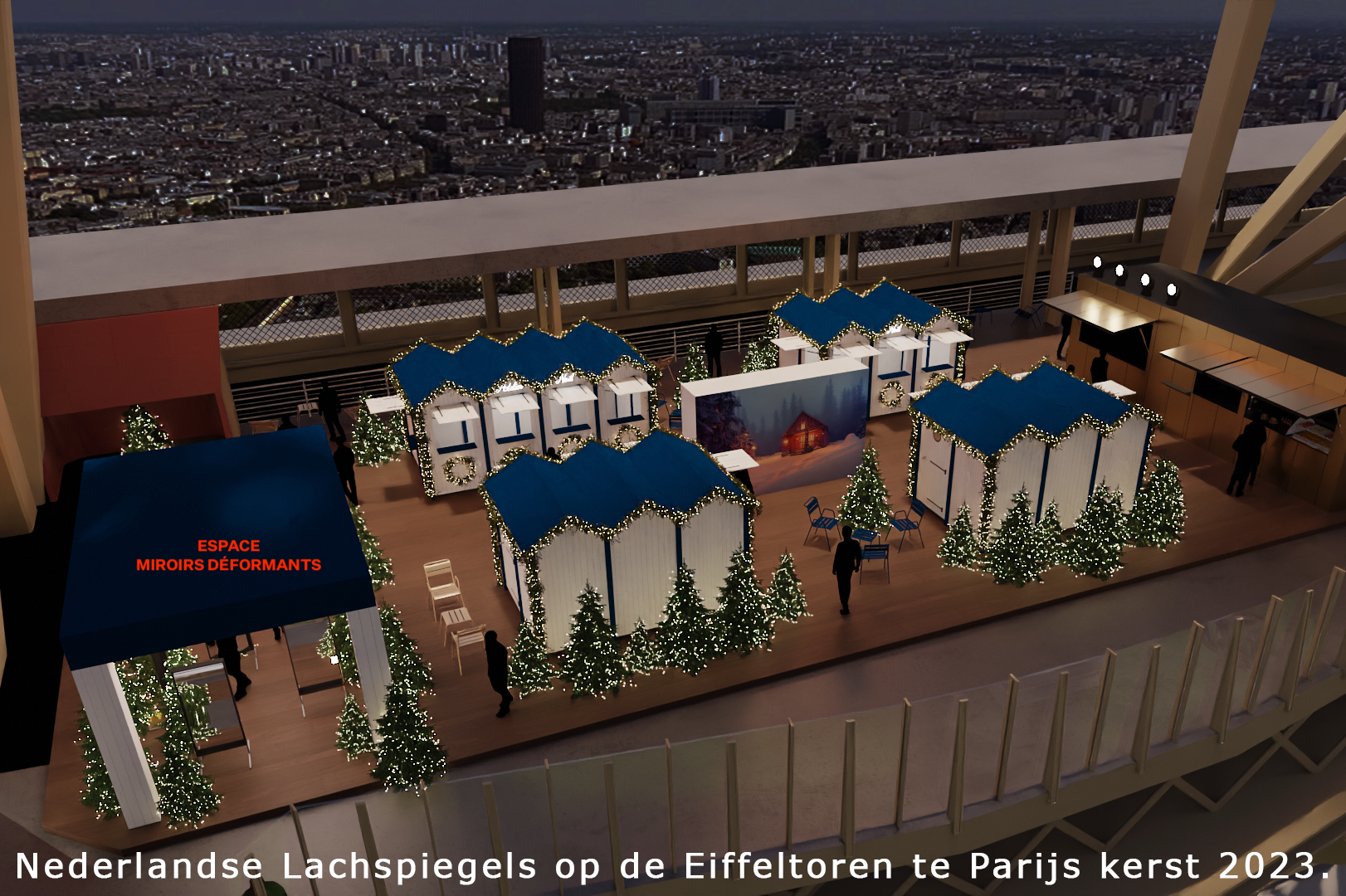 Lachspiegels op de 1e etage van de Eiffeltoren. Kerst 2023
